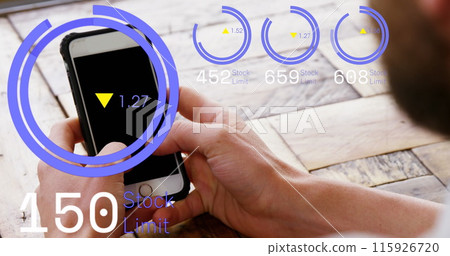 Image of loading circles with up and down arrows over caucasian man using cellphone on table 115926720