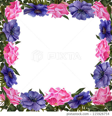 Beautiful square frame of pink roses and anemones. A watercolor flowers Beautiful square frame of pink roses and anemones. A watercolor flowers 115926754