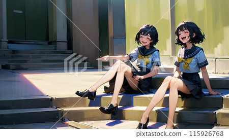 Two high school girls talking in the park 115926768