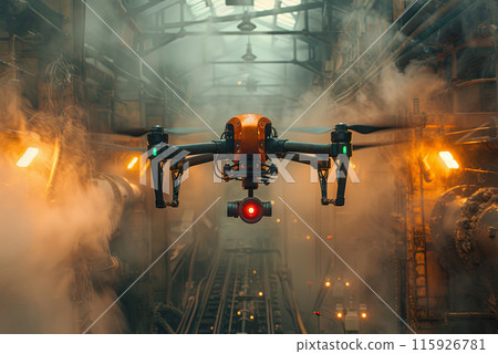 Drone is flying through a smoke filled room in an industrial production facility. The drone is orange and black, and it is surrounded by a lot of smoke 115926781
