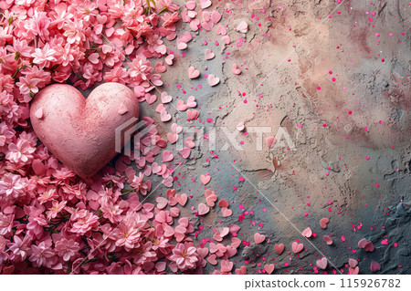 Heart is surrounded by pink flowers and pink confetti with a copy space for Valentine's Day or wedding Heart is surrounded by pink flowers and pink confetti with a copy space for Valentine's Day or wedding 115926782