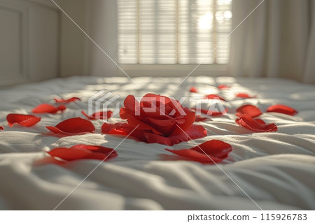 Red rose is on a bed with petals scattered around it 115926783