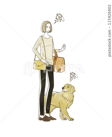 A woman and her dog traveling with a troubled expression 115926802