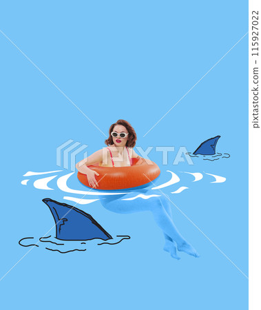 Woman in sunglasses and swimsuit with orange inflatable ring, floating in blue water with illustrated shark fins. Contemporary art collage. Woman in sunglasses and swimsuit with orange inflatable ring, floating in blue water with illustrated shark fins. Contemporary art collage. 115927022