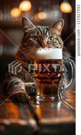 Portrait of tabby cat, looks smiling, lounges beside frothy, cold beer mug on wooden table at bar sindt blurred background. 115927093