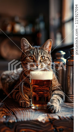 Furious tabby cat sits on wooden table, gently resting its paw on frothy beer mug at pub against blurred background. 115927094