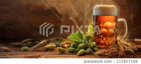 Mug of amber beer sits on wooden table, surrounded by hops and barley against background features warm, smoky hues. 115927109