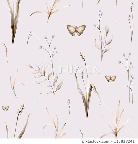 Watercolor seamless pattern floral delicate pastel vintage green violet brown bouquet. Hand drawn illustration isolated on white background. Repeat flower and herb herds and butterfly 115927241