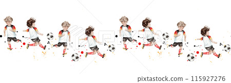 Seamless border with football player young sportsman hand drawn with watercolor ball. Boys play football in uniform. Isolated illustration of a boy playing soccer game. Seamless border with football player young sportsman hand drawn with watercolor ball. Boys play football in uniform. Isolated illustration of a boy playing soccer game. 115927276