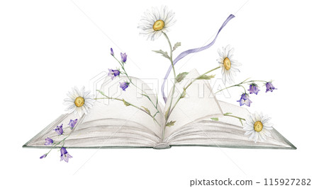 Open book with bluebell and white chamomile flower watercolor illustration isolated on background. Book green colors with a fabulous story and flower. Vintage old textbook hand drawn and bookmark 115927282