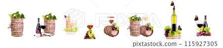 Wine bottles and glasses, an assortment of grapes and cheese isolated on white Wine bottles and glasses, an assortment of grapes and cheese isolated on white 115927305