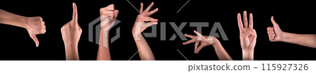 Hand gestures shown on dark background highlight nonverbal communication Hand gestures shown on dark background highlight nonverbal communication 115927326