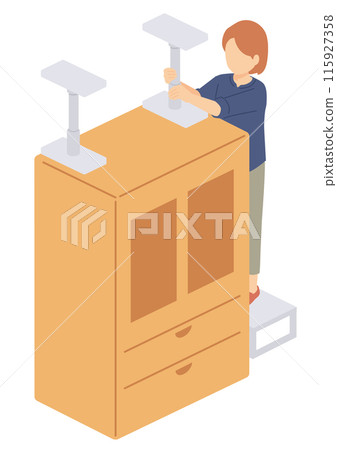 Isometric illustration of a woman fixing furniture for earthquake prevention 115927358