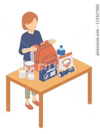 Isometric illustration of a woman preparing for a disaster 115927360