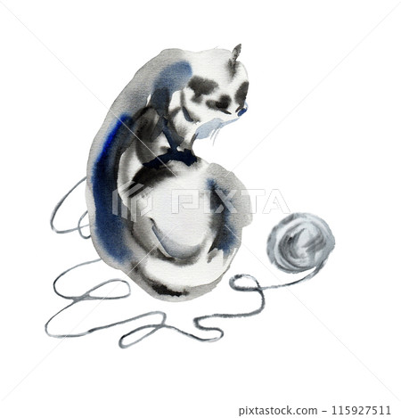 Cat with a ball of wool. Fluffy cat lies and falls asleep after playing with a ball. Watercolor sketch shows a cheerful and happy kitty. It is maid in the form of a watercolor stain of black and blue Cat with a ball of wool. Fluffy cat lies and falls asleep after playing with a ball. Watercolor sketch shows a cheerful and happy kitty. It is maid in the form of a watercolor stain of black and blue 115927511