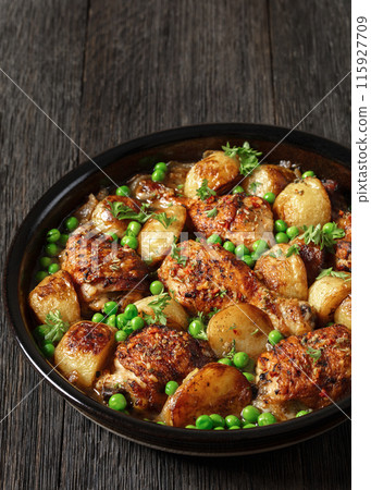 Chicken Vesuvio in a baking dish, top view Chicken Vesuvio in a baking dish, top view 115927709