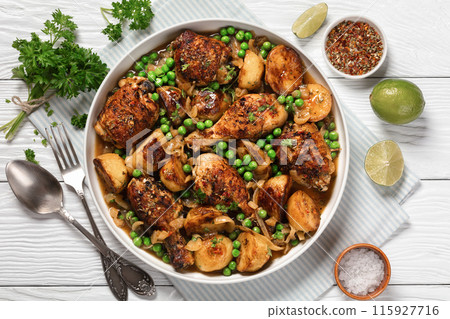 Chicken Vesuvio in a baking dish, top view Chicken Vesuvio in a baking dish, top view 115927716