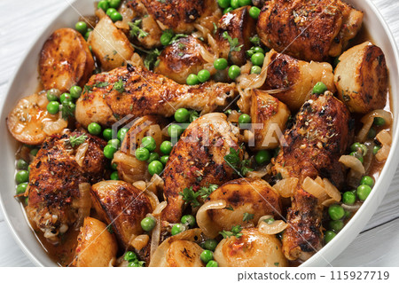 Chicken Vesuvio in a baking dish, top view Chicken Vesuvio in a baking dish, top view 115927719