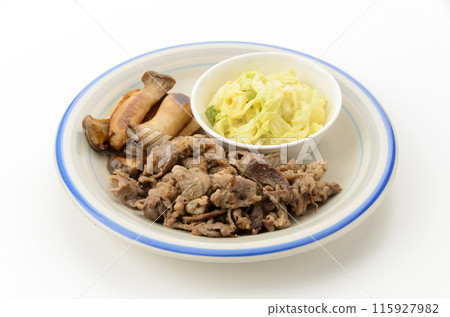 Herb-sauteed pork and king oyster mushrooms with cabbage dressed in mustard Herb-sauteed pork and king oyster mushrooms with cabbage dressed in mustard 115927982