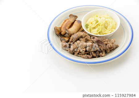 Herb-sauteed pork and king oyster mushrooms with cabbage dressed in mustard Herb-sauteed pork and king oyster mushrooms with cabbage dressed in mustard 115927984