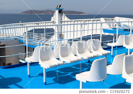 empty white seats on ferry boat terrace empty white seats on ferry boat terrace 115928272