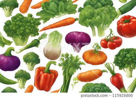 A background of many realistic illustrations of green and yellow vegetables 115928800