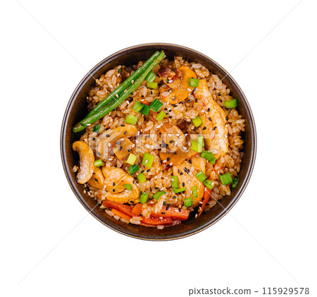 Savory asian fried rice dish in bowl 115929578
