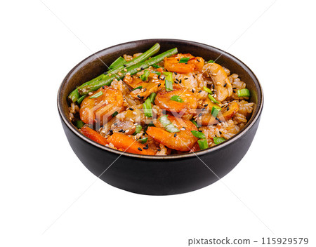 Shrimp fried rice in black bowl 115929579