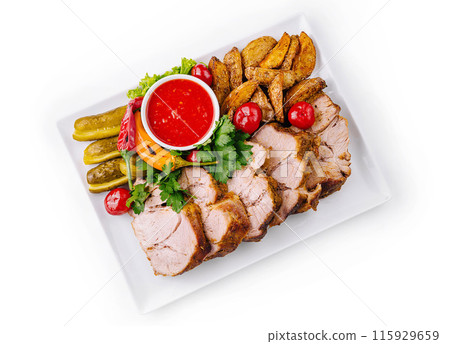 Roasted pork platter with side dishes 115929659