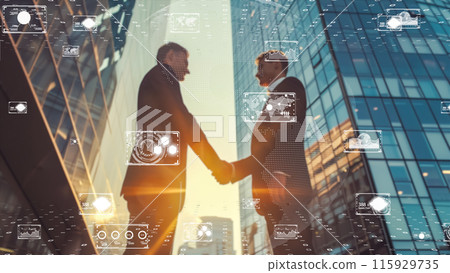 Digital business background, business partners shaking hands in a professional environment 115929735