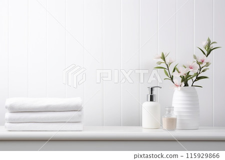 White towels, soap dispenser, and flowers on a white shelf in a bathroom, copy space. Generative AI 115929866