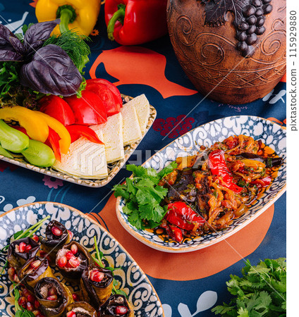 Colorful mediterranean feast on table Colorful mediterranean feast on table 115929880