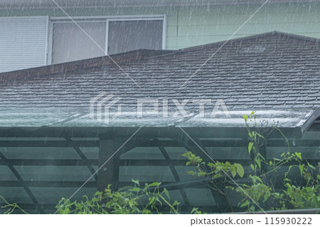 大雨正在襲擊私人住宅的屋頂和車庫。 大雨正在襲擊私人住宅的屋頂和車庫。 115930222