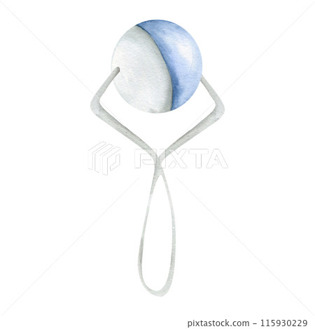 New born baby boy Rattle watercolor clipart. Hand drawn little kid playing toy,a children's accessory. For design of cards and invitations, baby shower party invitation, card design 115930229