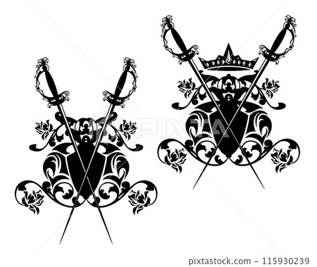 medieval duel epee sword and royal coat of arms shield vector design set medieval duel epee sword and royal coat of arms shield vector design set 115930239