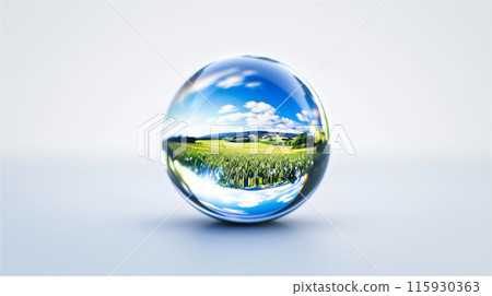反映綠色自然的圓形透明玻璃球 115930363