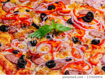 Delicious italian pepperoni pizza with fresh toppings Delicious italian pepperoni pizza with fresh toppings 115930454