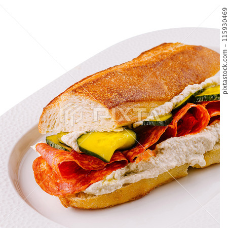 Gourmet pepperoni and vegetable sandwich on white plate 115930469