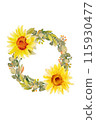 向日葵和葉子的裝飾框架畫水彩。 115930477