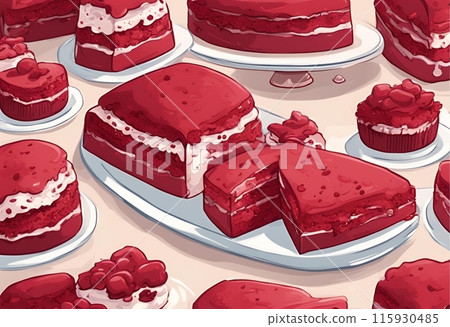 background Decadent red velvet sponge cake, rich and irresistibly velvety.Cartoon Abstract art.AI Generated background Decadent red velvet sponge cake, rich and irresistibly velvety.Cartoon Abstract art.AI Generated 115930485