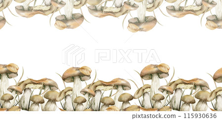 Autumn edible mushrooms seamless banner. Hand drawn realistic fall fungus in border for fabric, packing, label, wrapping paper design. Forest north food. Autumn edible mushrooms seamless banner. Hand drawn realistic fall fungus in border for fabric, packing, label, wrapping paper design. Forest north food. 115930636
