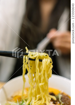 Close up of ramen noodles in bowl 115930640