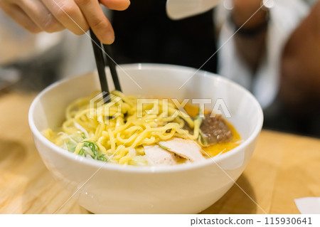 Close up of ramen noodles in bowl 115930641