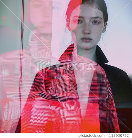 Modern Double Exposure Portrait of a Young Woman in Red blends fashion with creative photography 115930722