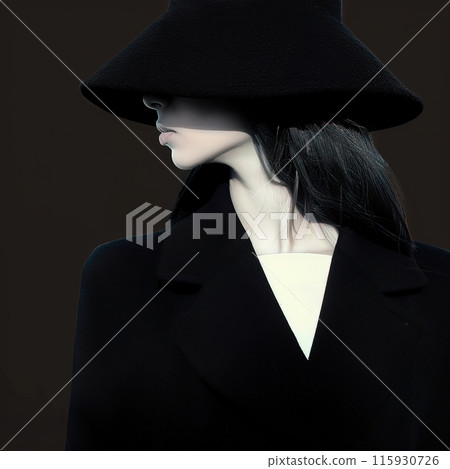 A stylish and elegant woman in a black hat and coat strikes a fashionable pose for a portrait 115930726