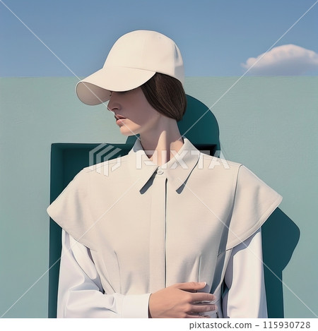 Modern woman in stylish white cap and trendy attire representing chic aesthetic in current setting 115930728