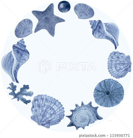 Shell frame monochrome in blue watercolor hand-drawn isolated on white. High quality illustration for notebooks, cards, posters, restaurant menu, souvenirs, stickers, tourism ads, dishes, room decor Shell frame monochrome in blue watercolor hand-drawn isolated on white. High quality illustration for notebooks, cards, posters, restaurant menu, souvenirs, stickers, tourism ads, dishes, room decor 115930771
