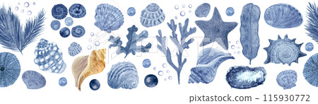 Starfish, seaweed, bubbles, pearls, shell blue monochromatic watercolor seamless border isolated on white. Hand-drawn illustration for cards, restaurant menu, textile, tourism, tape and room decor Starfish, seaweed, bubbles, pearls, shell blue monochromatic watercolor seamless border isolated on white. Hand-drawn illustration for cards, restaurant menu, textile, tourism, tape and room decor 115930772