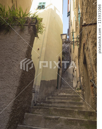 Narrow Steps, Stairs in Riomaggiore village Cinque Terre on the Italian Riviera, Liguria, Italy 115931066