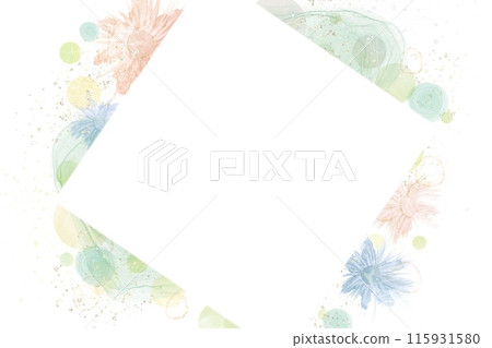 Alcohol ink art abstract banner for spring/summer. Yellow-green soap bubbles, blue and orange flowers and square space 115931580